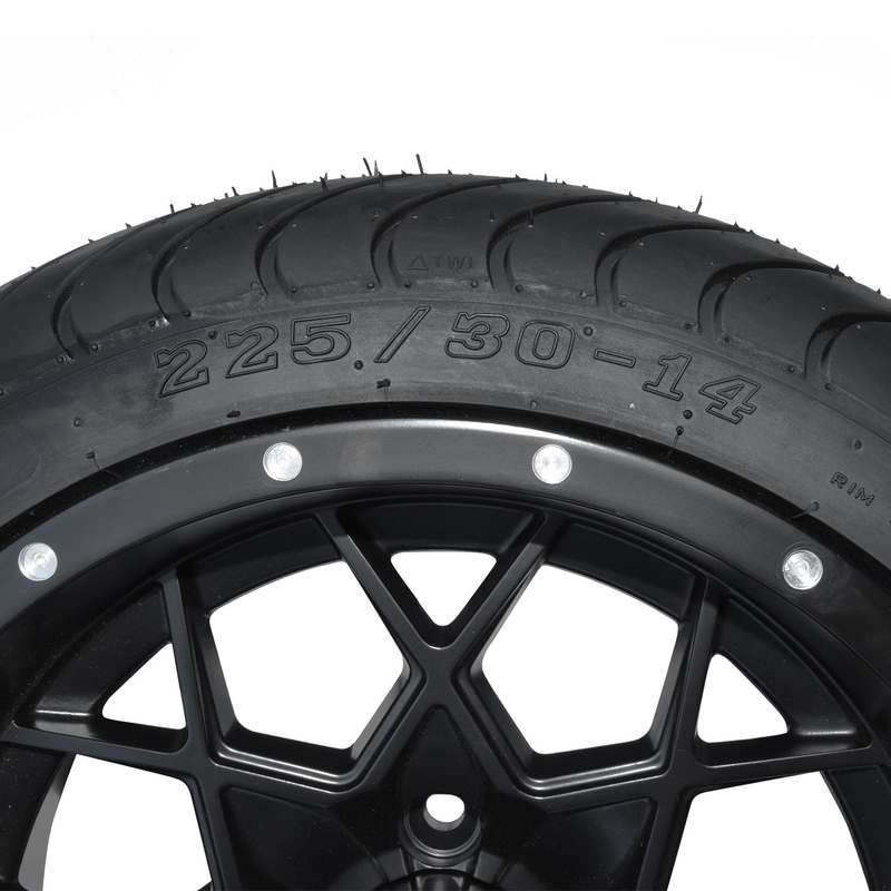 14 Inch Matte Black Golf Cart Rims And Tire Combo 225/30-14 Street DOT 101.6 PCD