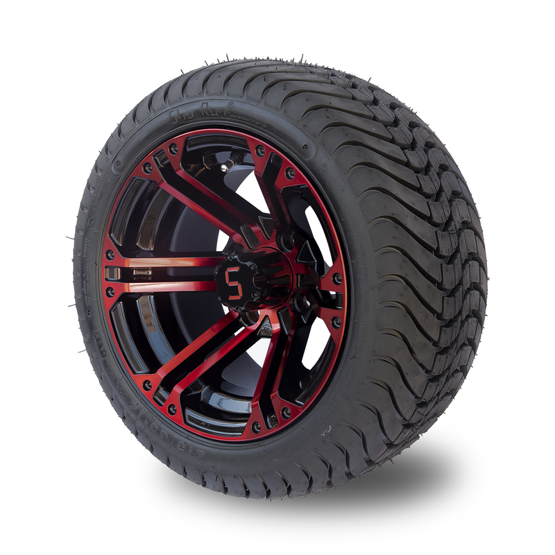 Red / Glossy Black Aluminum 12 Inch Golf Cart Wheels And Tires 215/35-12 Tyre Assemblies