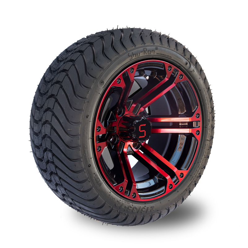 Red / Glossy Black Aluminum 12 Inch Golf Cart Wheels And Tires 215/35-12 Tyre Assemblies
