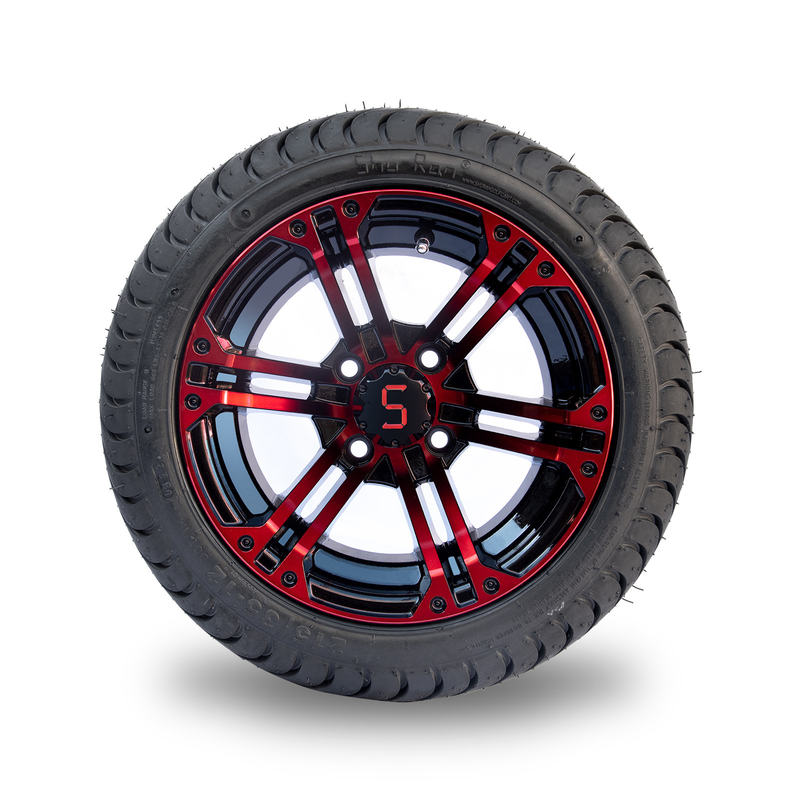 Red / Glossy Black Aluminum 12 Inch Golf Cart Wheels And Tires 215/35-12 Tyre Assemblies
