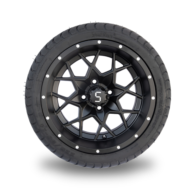 14 Inch Matte Black Golf Cart Rims And Tire Combo 225/30-14 Street DOT 101.6 PCD