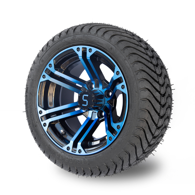 12 Inch Golf Cart Rims And Tire Combo Blue Glossy Black 4 / 101.6 PCD