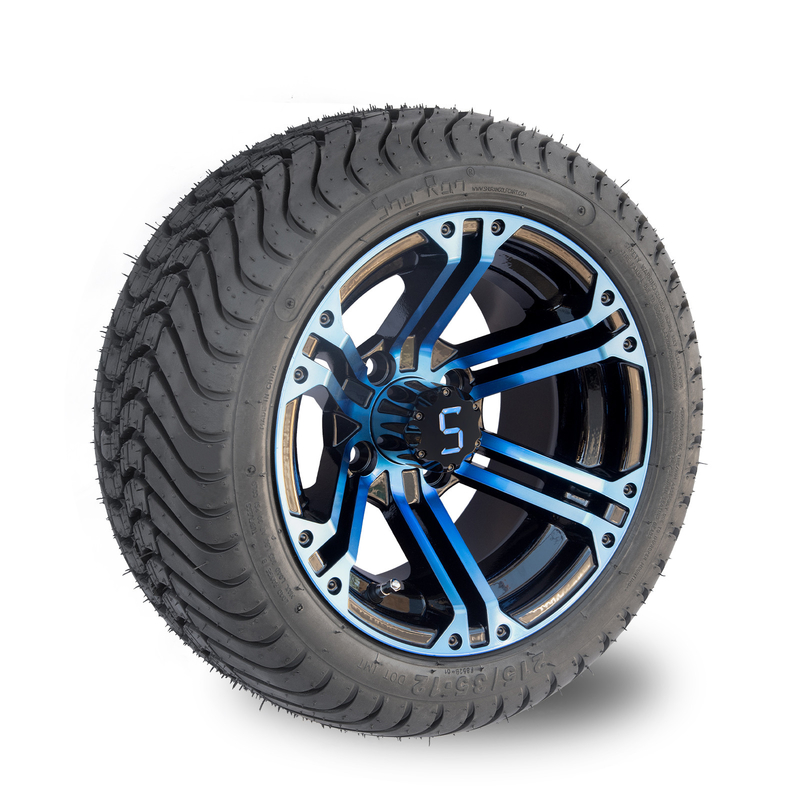 12 Inch Golf Cart Rims And Tire Combo Blue Glossy Black 4 / 101.6 PCD