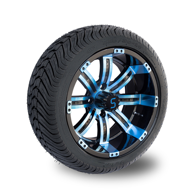 225/30-14 DOT 14 Inch Golf Cart Wheel And Tire Combo Blue / Glossy Black Wheels 101.6 PCD