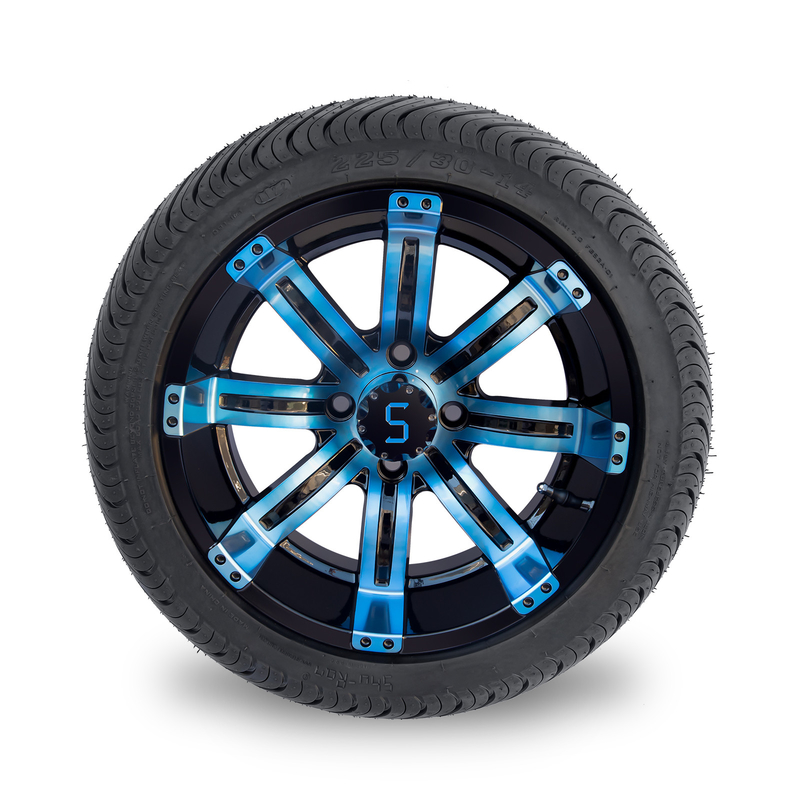 225/30-14 DOT 14 Inch Golf Cart Wheel And Tire Combo Blue / Glossy Black Wheels 101.6 PCD