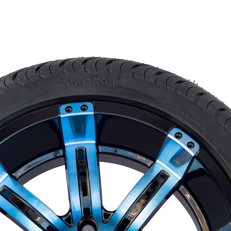 225/30-14 DOT 14 Inch Golf Cart Wheel And Tire Combo Blue / Glossy Black Wheels 101.6 PCD
