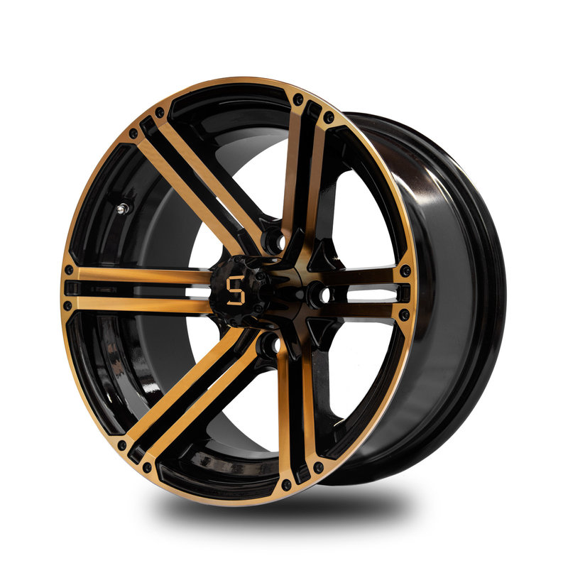 12x7 / 14x7 Golf Cart Wheels Gold / Gloss Black 4 / 101.6 PCD -25 ET