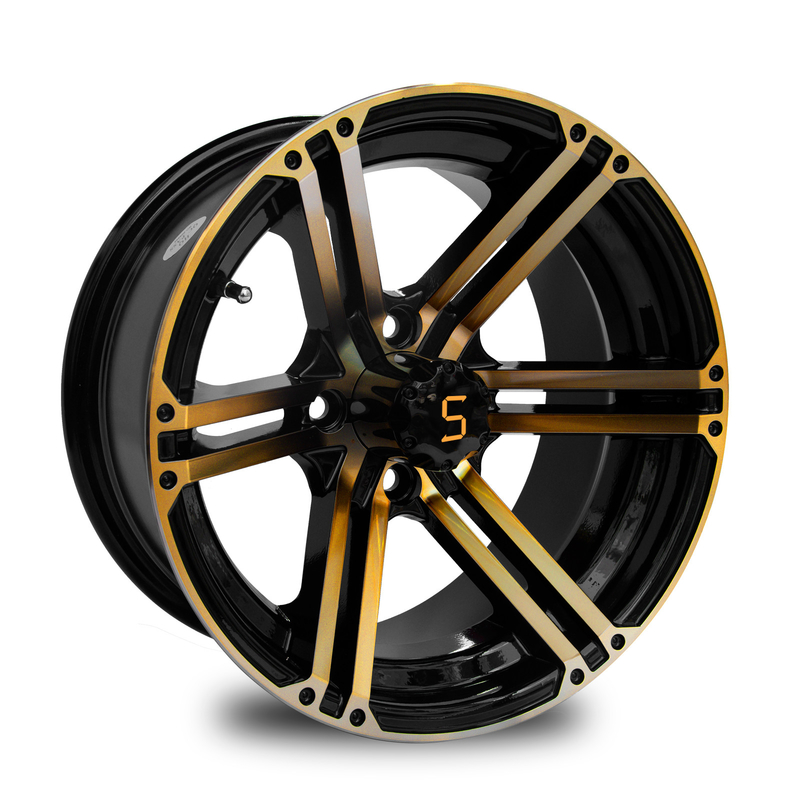 12x7 / 14x7 Golf Cart Wheels Gold / Gloss Black 4 / 101.6 PCD -25 ET