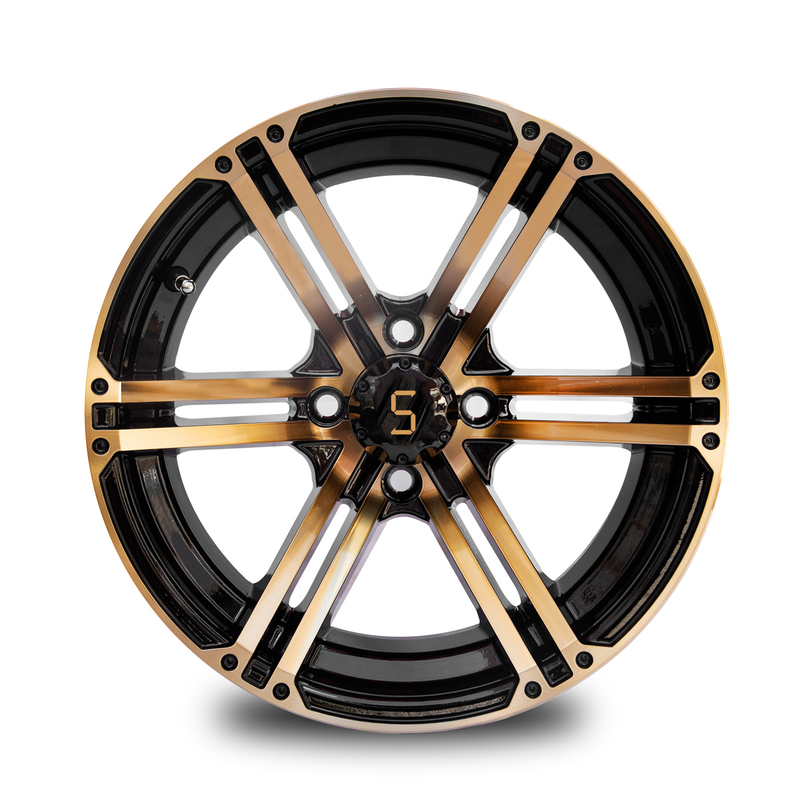 12x7 / 14x7 Golf Cart Wheels Gold / Gloss Black 4 / 101.6 PCD -25 ET