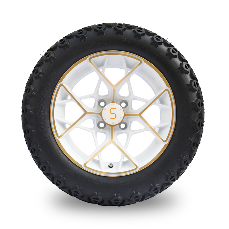 Gold White 14 Inch Golf Cart Rims And Tires Combo 4PLY 101.6 PCD