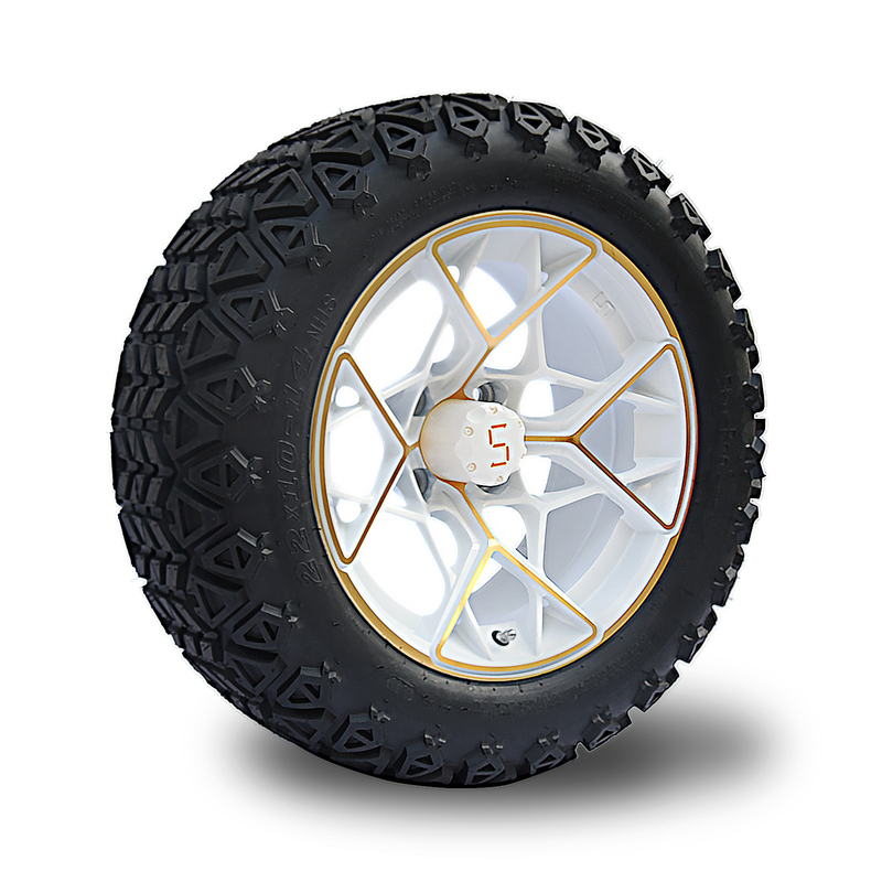 Gold White 14 Inch Golf Cart Rims And Tires Combo 4PLY 101.6 PCD