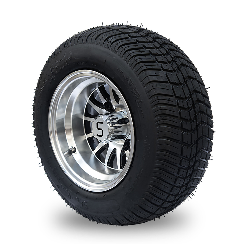 10'' Golf Cart Rim And 205/50-10 DOT Street Tire Assembly - Machined/Glossy Black