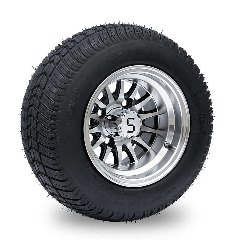 10'' Golf Cart Rim And 205/50-10 DOT Street Tire Assembly - Machined/Glossy Black