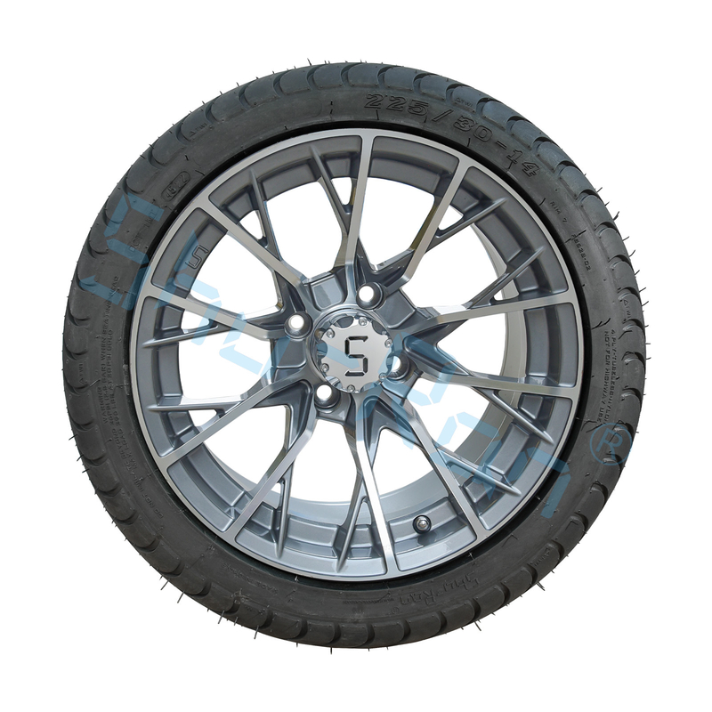 Golf Cart Machined Gunmetal 14 inch Rims with Street Tire, Alloy Wheel and Tire Combo for Golf Car