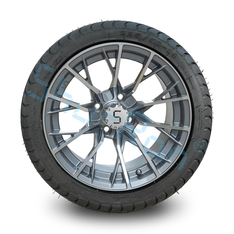 Golf Cart Machined Gunmetal 14 inch Rims with Street Tire, Alloy Wheel and Tire Combo for Golf Car
