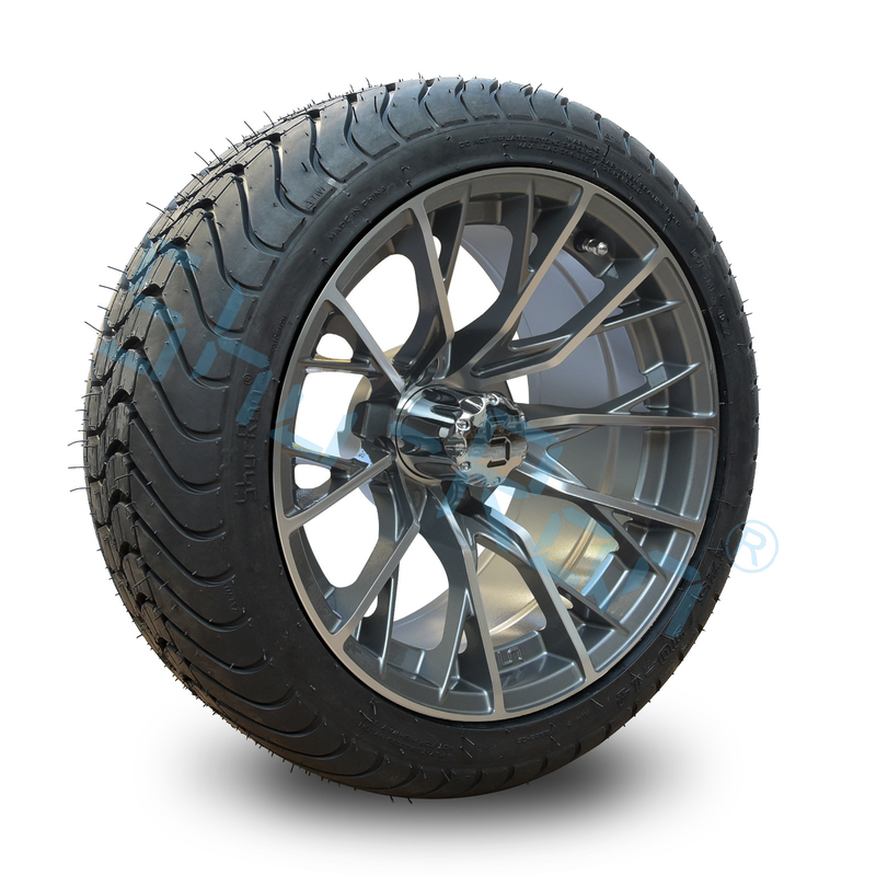 Golf Cart Machined Gunmetal 14 inch Rims with Street Tire, Alloy Wheel and Tire Combo for Golf Car
