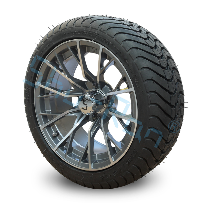 Golf Cart Machined Gunmetal 14 inch Rims with Street Tire, Alloy Wheel and Tire Combo for Golf Car
