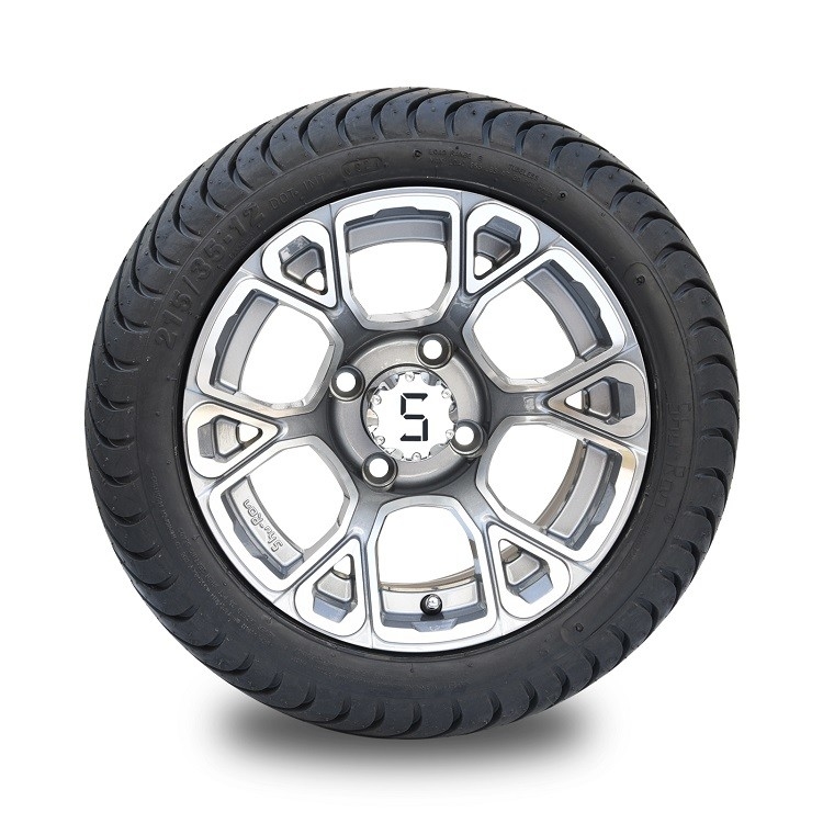 Golf Cart 12'' Aluminum Alloy Wheel and 215/35-12 DOT Street Tire Assembly - Machined/Gunmetal