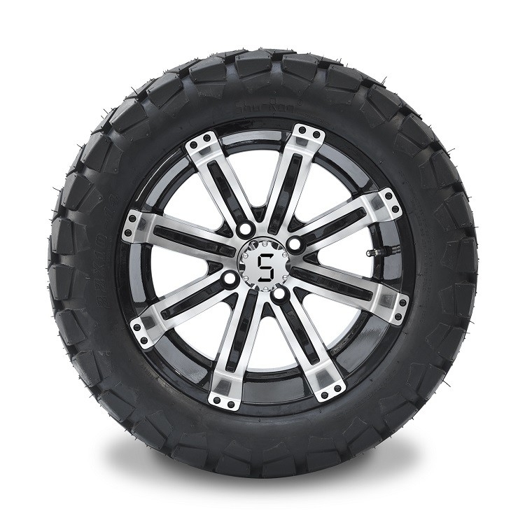 Golf Cart 14'' Aluminum Wheel and 22x10-14 All Terrain DOT Tire Combo - Machined/Glossy Black