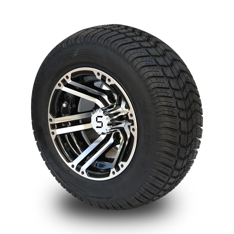 10'' Golf Cart Rim And 205/50-10 DOT Street Tire Assembly - Machined/Glossy Black