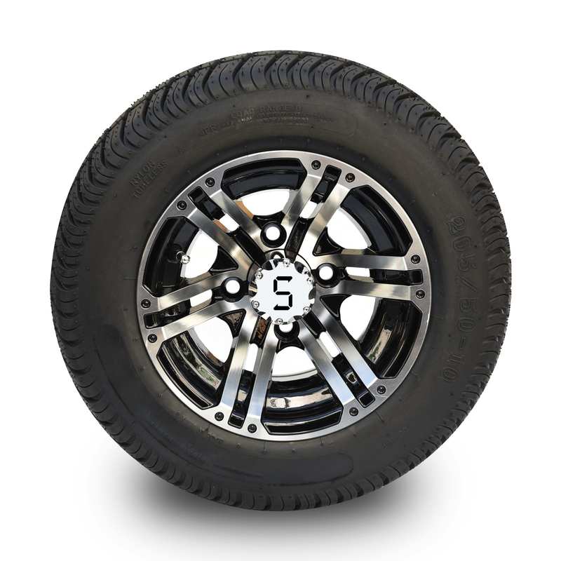 10'' Golf Cart Rim And 205/50-10 DOT Street Tire Assembly - Machined/Glossy Black