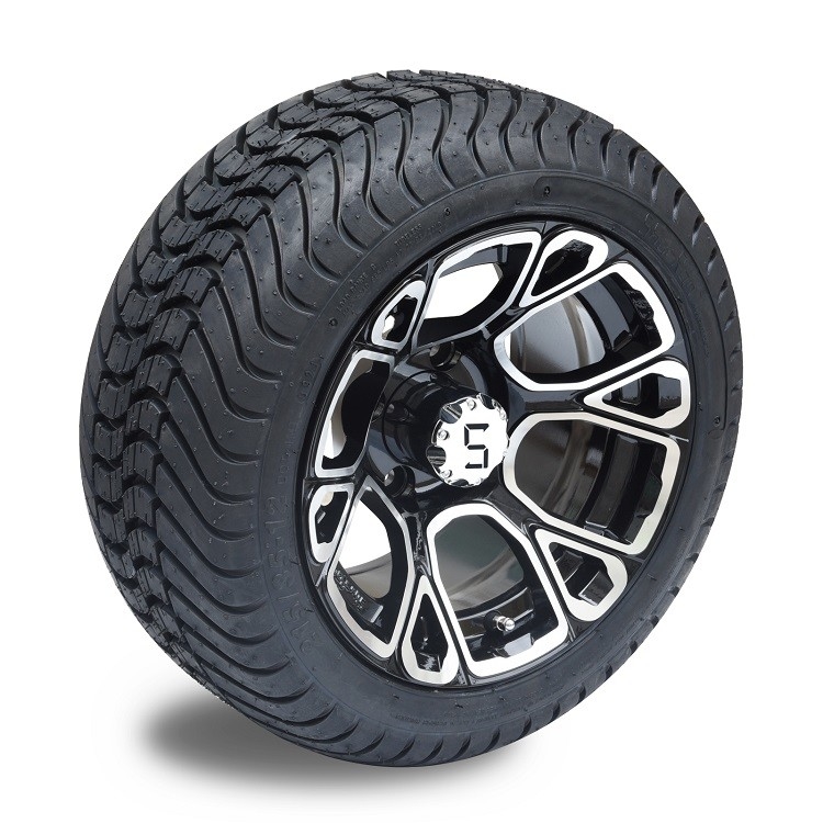 12'' Machined/Glossy Black Golf Cart Rim and 215/35-12 Low Profile DOT Street Tire