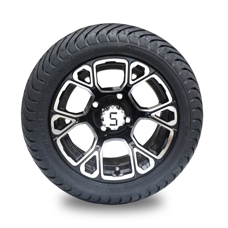 12'' Machined/Glossy Black Golf Cart Rim and 215/35-12 Low Profile DOT Street Tire