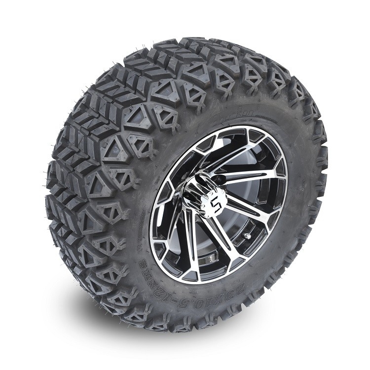 12'' Golf Cart Aluminum Rims & 23x10.5-12 All Terrain Tyres Combo - Machined/Glossy Black