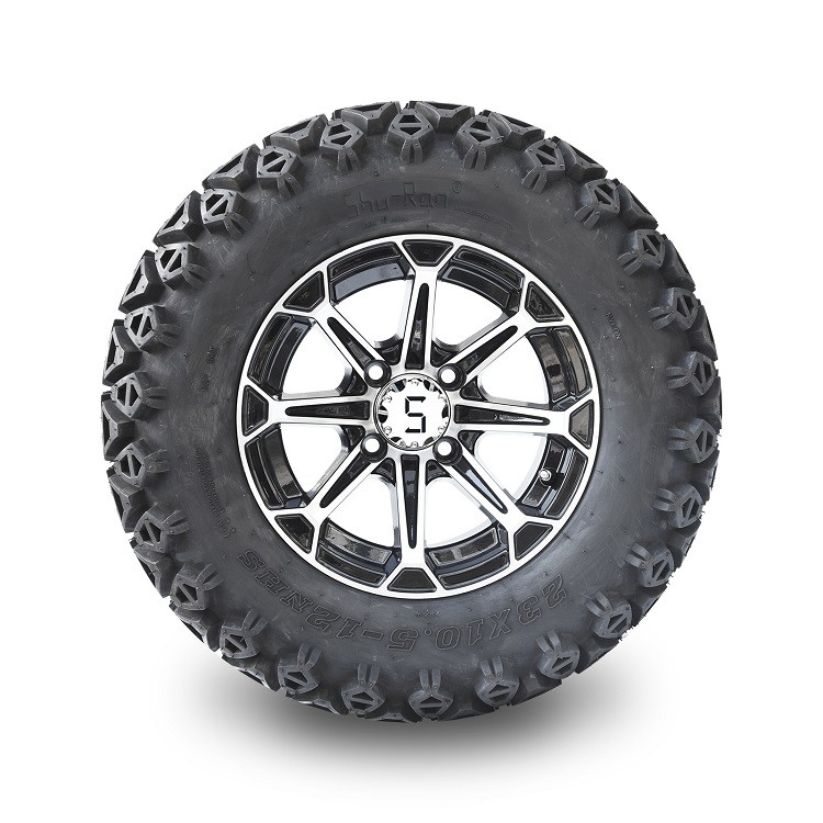 12'' Golf Cart Aluminum Rims & 23x10.5-12 All Terrain Tyres Combo - Machined/Glossy Black