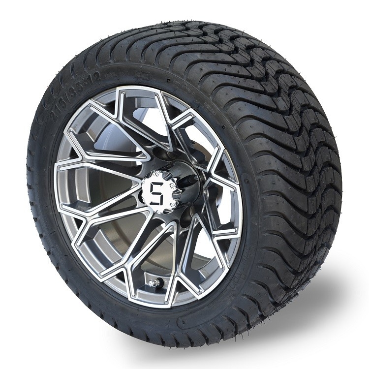 12'' Machined/Gunmetal Golf Cart Wheels And 215/35-12 DOT Street Tires Assemblies