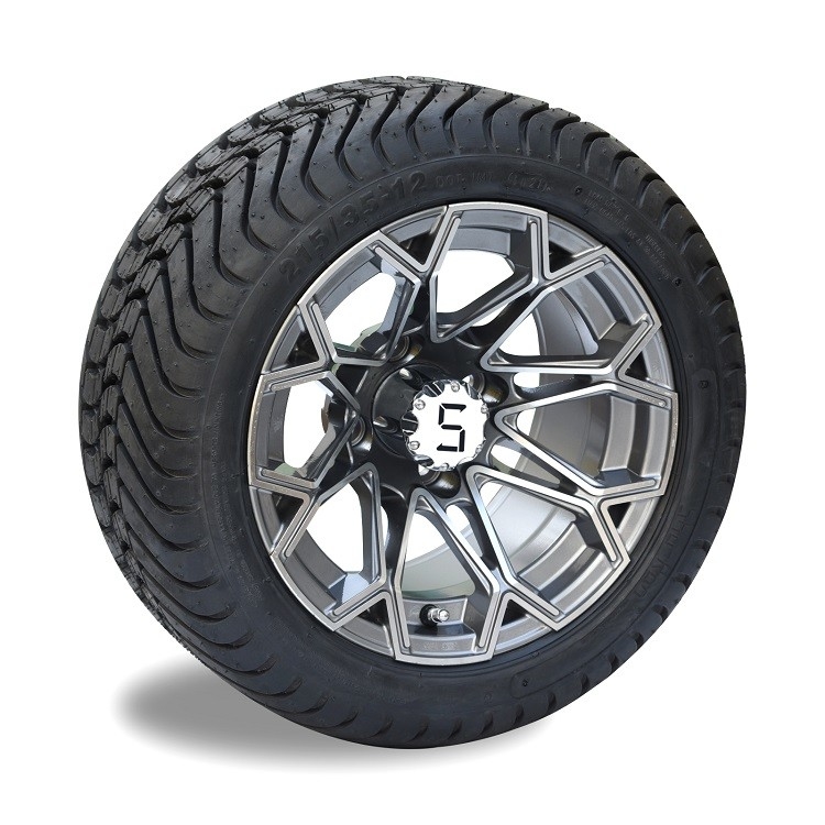 12'' Machined/Gunmetal Golf Cart Wheels And 215/35-12 DOT Street Tires Assemblies