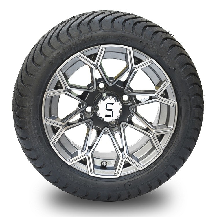 12'' Machined/Gunmetal Golf Cart Wheels And 215/35-12 DOT Street Tires Assemblies