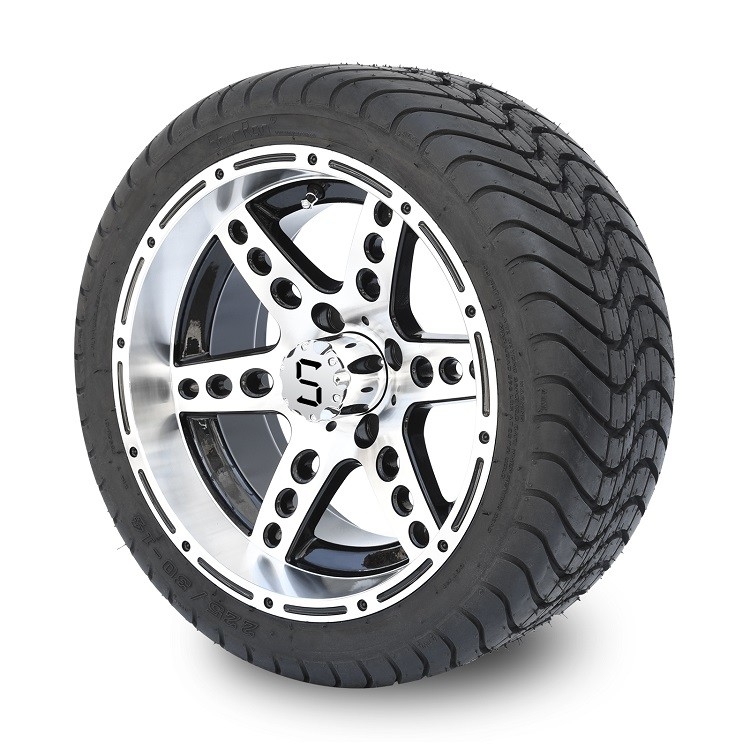 Golf Cart 14'' Machined/Black Aluminum 6 Spokes Rims and 225/30-14 Street Tires Combo