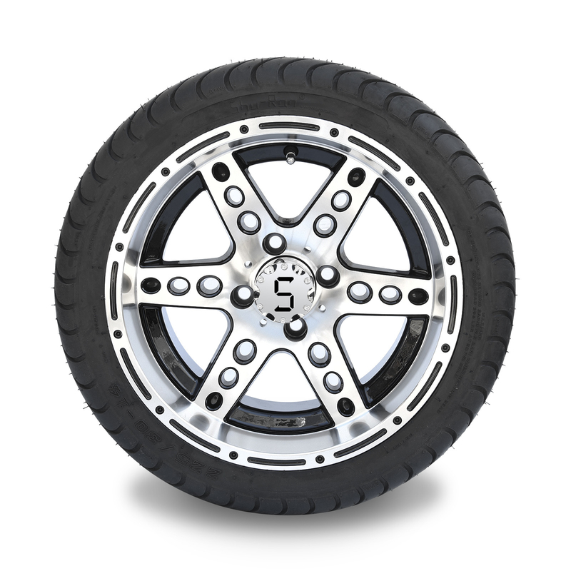 Golf Cart 14'' Machined/Black Aluminum 6 Spokes Rims and 225/30-14 Street Tires Combo