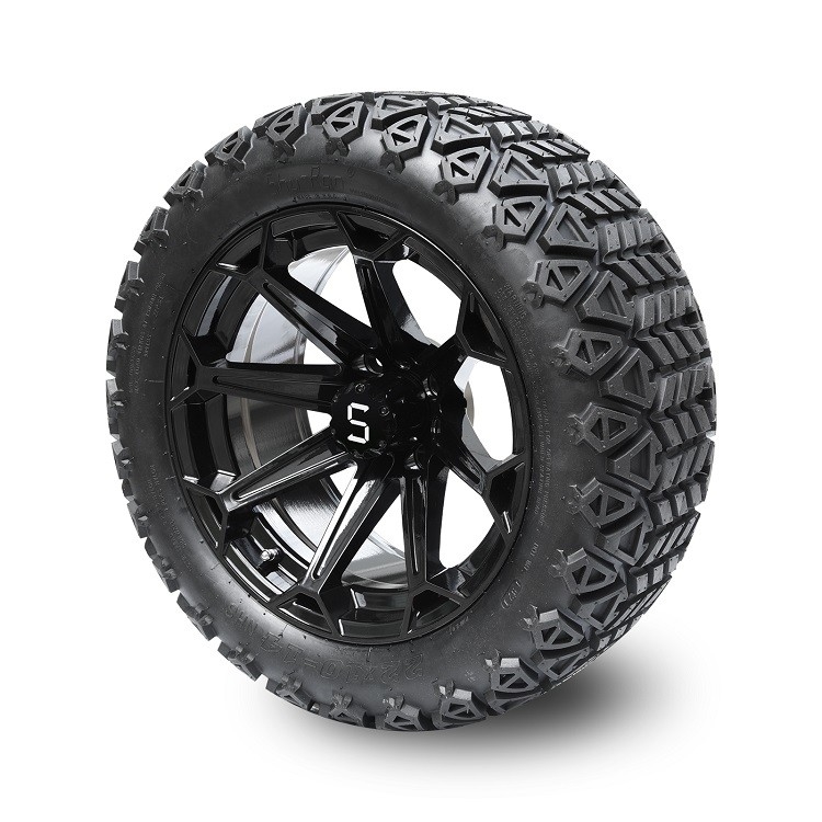 Golf Cart 14 Inch Glossy Black Wheels and 22x10-14 DOT Tires with Center Cap and Lug Nuts