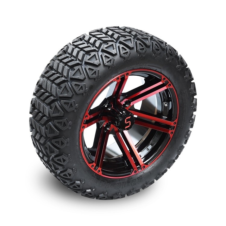 14 Inch Golf Cart Red/Glossy Black Wheels And 22x10-14'' DOT All Terrain Tires Assembly