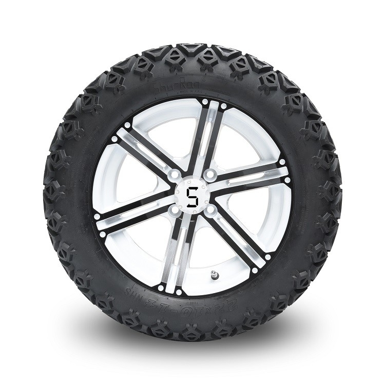 Golf Cart 14'' Black/White Rims And 22x10-14'' All Terrain Tires, Wheel Nuts and Center Caps Included