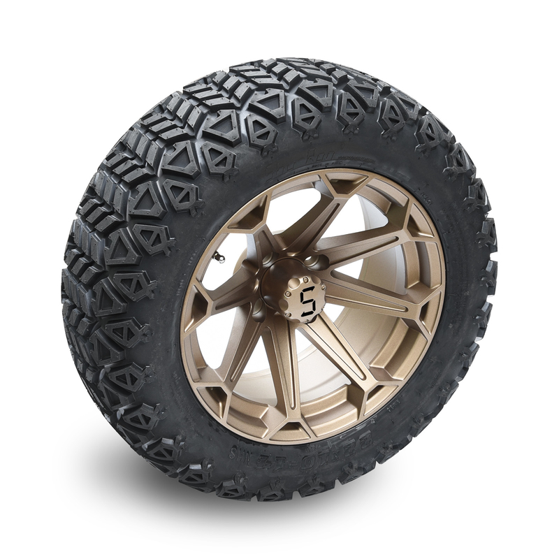 14 Inch Golf Cart Bronze Wheel and 22x10-14 Off-Road Tire with Lug Nuts and Center Caps