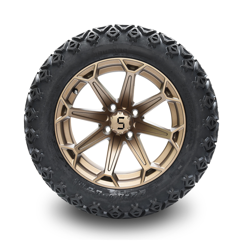 14 Inch Golf Cart Bronze Wheel and 22x10-14 Off-Road Tire with Lug Nuts and Center Caps