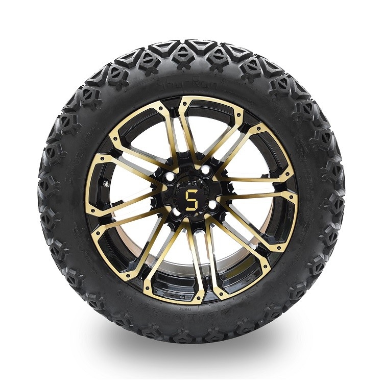 Golf Cart 14'' Gold/Glossy Black Rims And 22*10-14 DOT Off-Road Tire Lift Required
