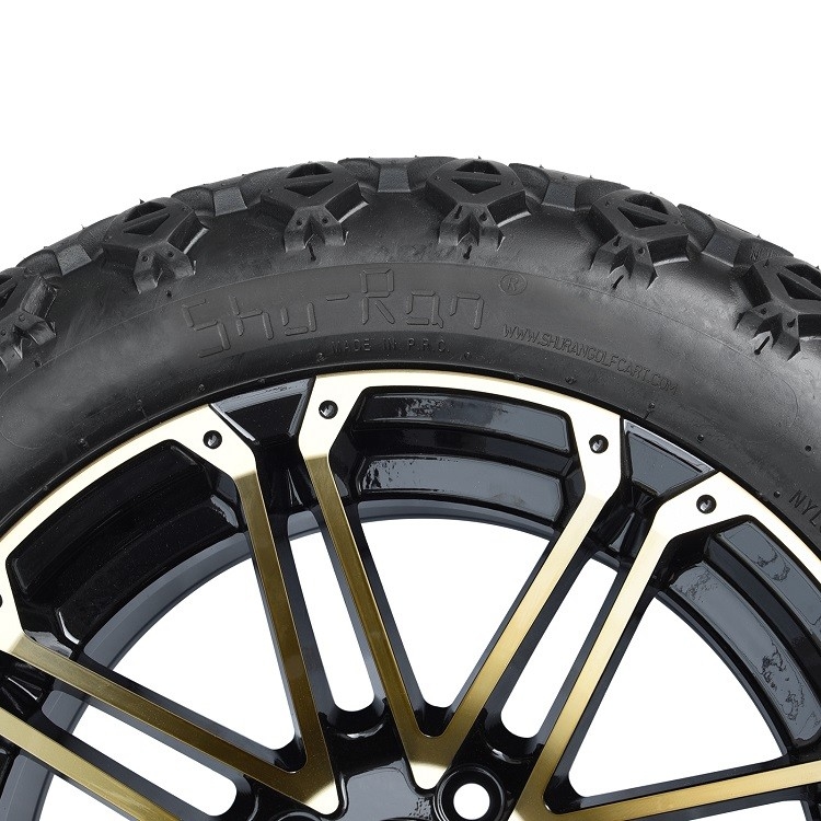 Golf Cart 14'' Gold/Glossy Black Rims And 22*10-14 DOT Off-Road Tire Lift Required