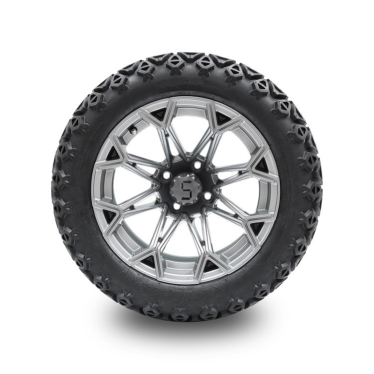 14 Inches Golf Cart Gunmetal Wheels and 22*10-14 High Profile Tires Combo 4 PLY Lift Required