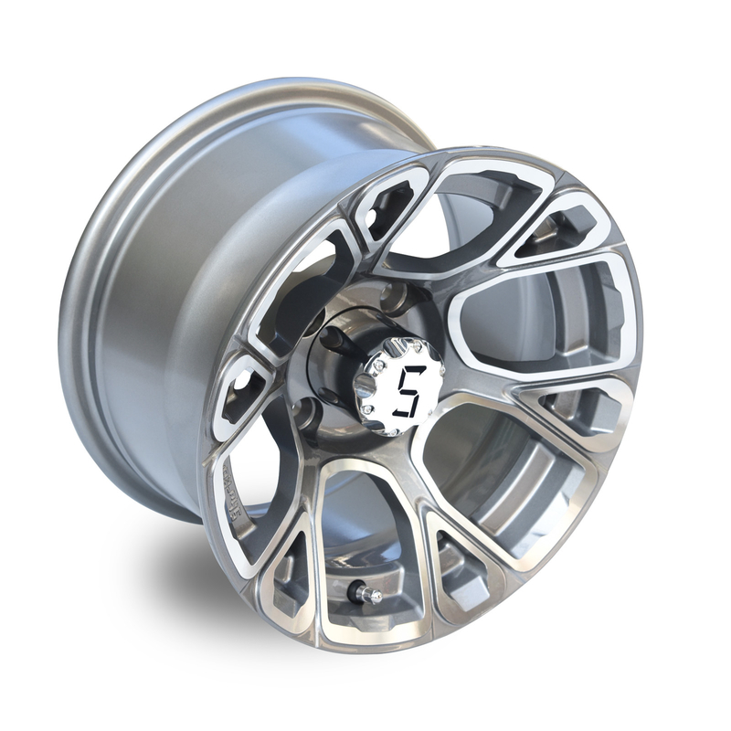 Golf Cart 12 Inch Machined/Gunmetal Aluminum Wheels Including Center Caps 4x4(101.6mm) Bolt Pattern