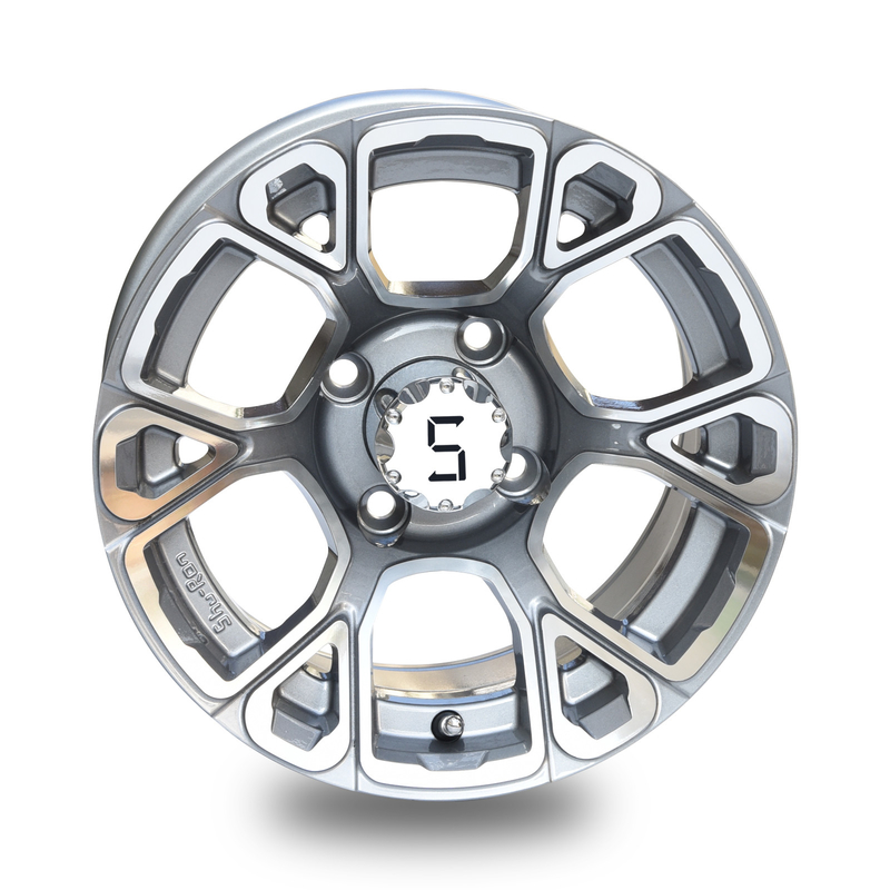 Golf Cart 12 Inch Machined/Gunmetal Aluminum Wheels Including Center Caps 4x4(101.6mm) Bolt Pattern