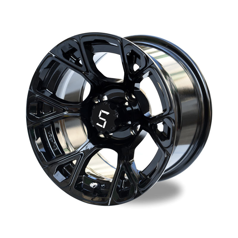 Golf Cart 12'' Glossy Black Rim 6 Spokes 4*4 Bolt Pattern Including Center Cap